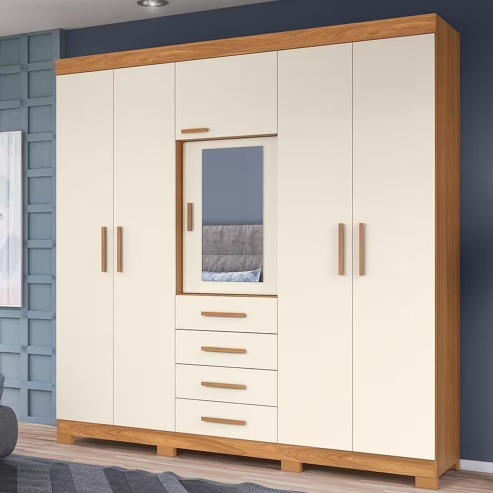 Guarda-Roupa Palumoveis Virtus com Espelho, 6 Portas, 4 Gavetas e 8 Prateleiras – Nature/Titanium