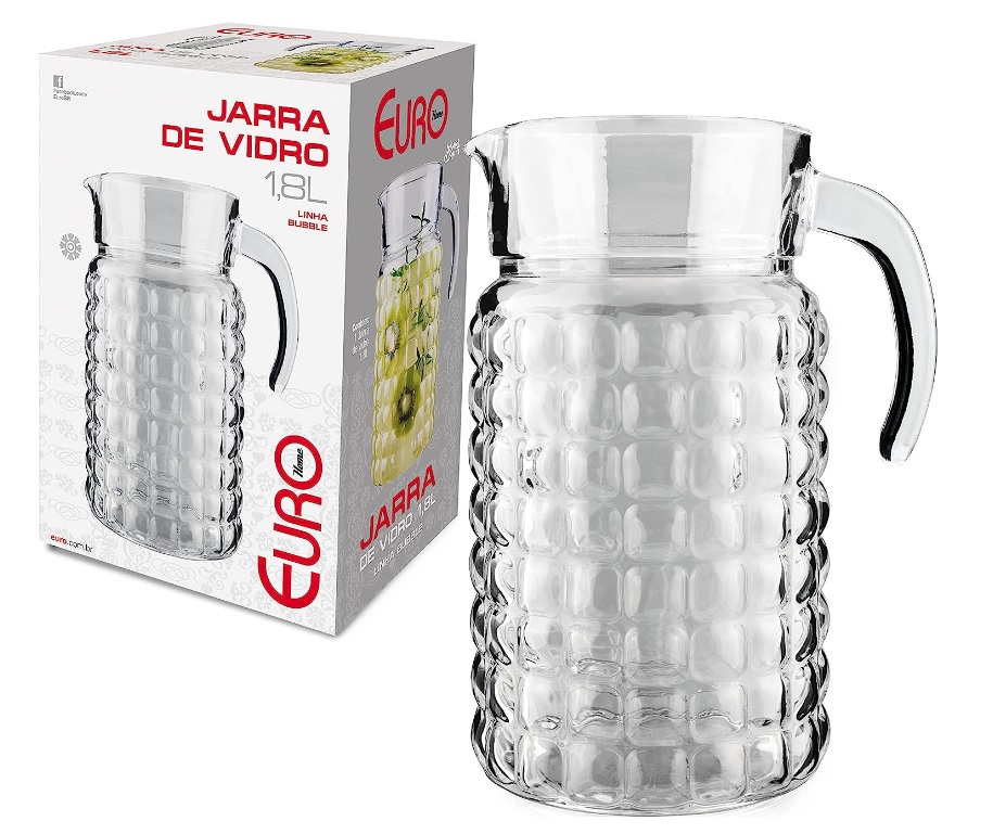 Jarra de Vidro transparente 1.8 litros para servir sucos e bebidas quentes ou frias, Bubble, VDR7320, Euro Home