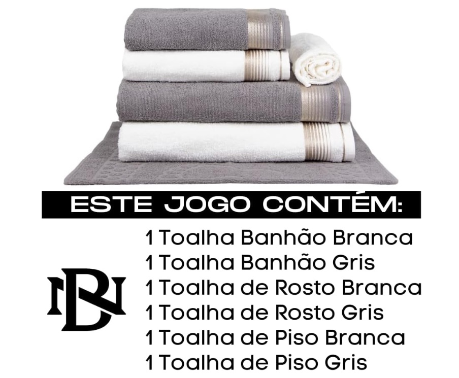Jogo De Toalhas Gigante Super Absorção – 6 Peças Berlim 100% Algodão (Gris + Branco)
