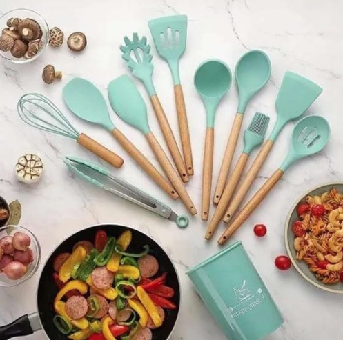 Kit 12 Utensílios de Cozinha Silicone Cabo de Madeira Varias Cores 026 – NEHC