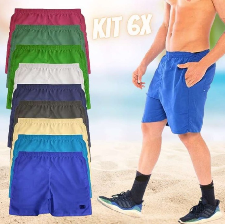 Kit 6 Bermudas Tactel Masculinas 3 Bolsos Elástico Cordão Short Praia