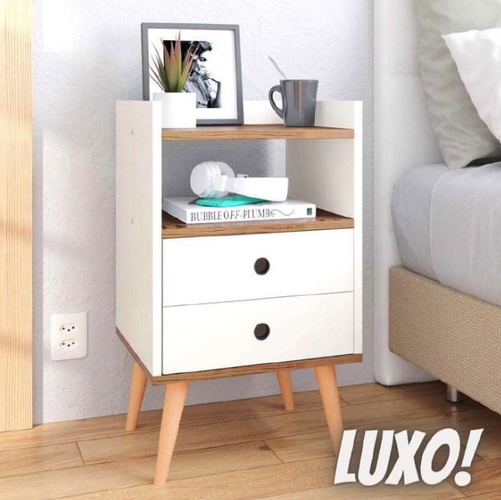 Mesa De Cabeceira Quarto Dream 2 Gavetas com Pés Estilo Retrô (Off White/Freijo)