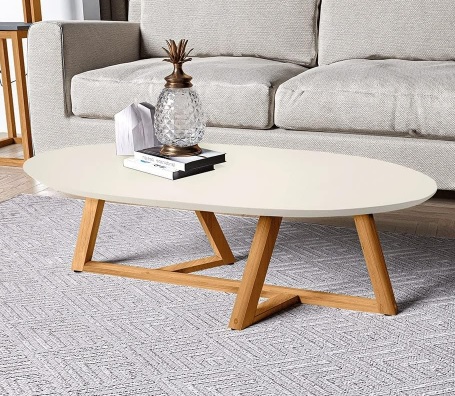 Mesa de Centro Sala Classic Oval com Pés em Madeira Maciça Off White/Amendoa