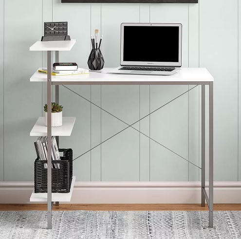 Mesa para Computador Dorel Side Storage Desk com 3 Prateleiras e Espaço para Impressora – Branco/Cinza