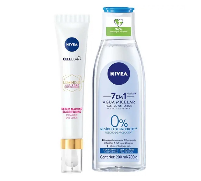 NIVEA Kit Creme Facial Antiolheiras CellularLuminous 630º Antispot 15ml + Água Micelar Solução de Limpeza 7 em 1 200ml