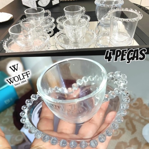 Wolff Coração Pearl Conjunto de Xícaras para Café com Pires de Cristal 4 Peças, Transparente, 85 ml