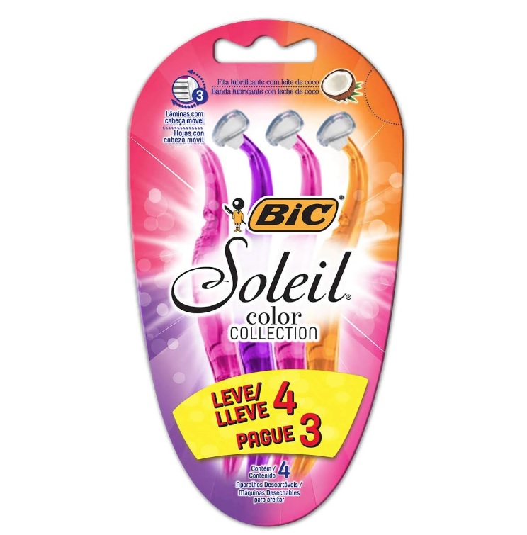 Aparelho de Depilar BIC Soleil Rosa, Roxo e Laranja Leve 4 Pague 3 – 930183 – Dupla Fita Lubrificante com Leite de Coco