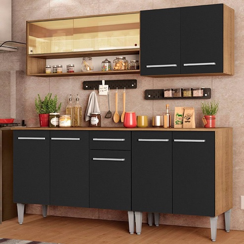 Armário de Cozinha Completa Madesa Emilly Dance com Balcão e Aéreo Vidro Reflex