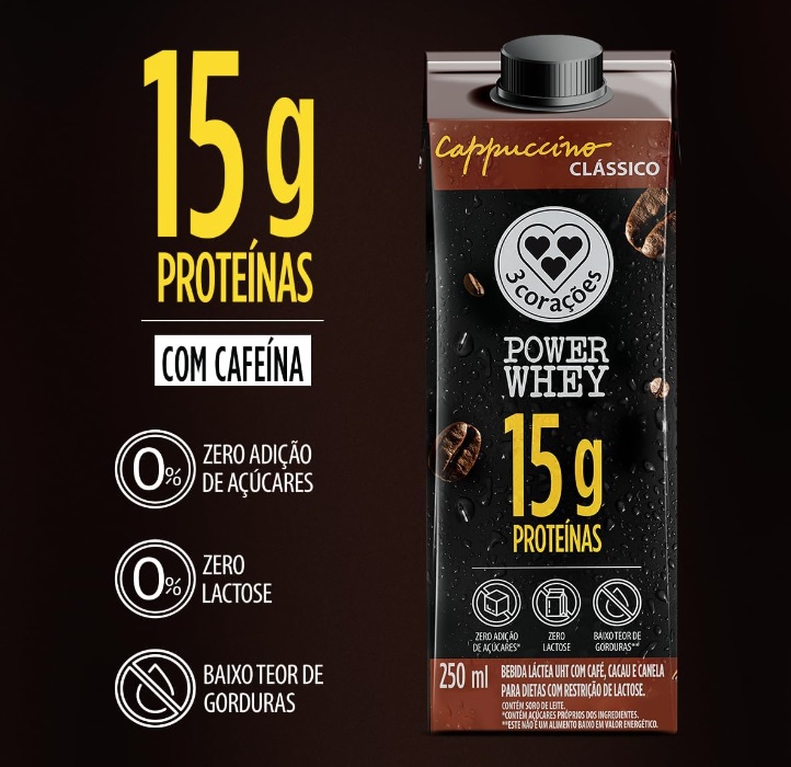 Bebida 3 Corações Cappuccino Power Whey Doce de Leite 250ml