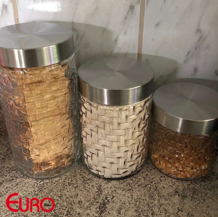 Conjunto de Potes de Vidro com Tampa Inox Rattan 3 Peças Euro Transparente