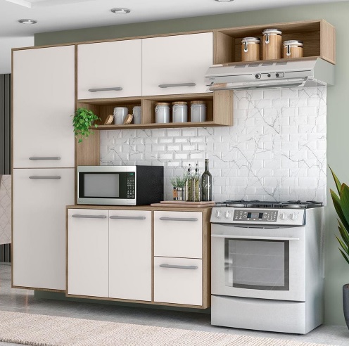 Cozinha Completa Poliman Pequim com 7 Portas, 1 Gaveta e 4 Prateleiras – 200cm de largura – Carvalho Oak/Off White