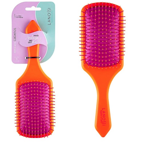 Escova Orange Raquete Quadrada, Cores Laranja e Rosa, Linha Essencial, Lanossi.