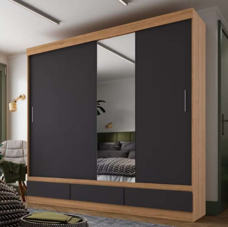 Guarda Roupas Casal Com Espelho 2 Portas de Correr 3 Gavetas Veneza Naturale/Grafite