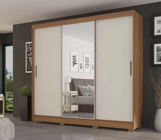 Guarda-roupa Casal com Espelho 3 Portas de Correr 6 Gavetas Demóbile Londres