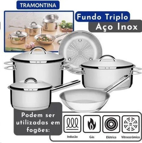 Jogo de Panelas Tramontina Solar em Aço Inox com Fundo Triplo e Tampas de Inox 5 Peças