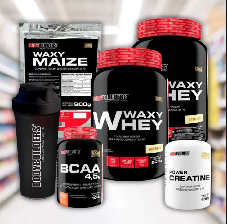 KIT 2x Whey Protein Waxy Whey 900g + BCAA 4,5 100g + POWER Creatina 100g + Waxy Maize 800g + Coqueteleira – Bodybuilders