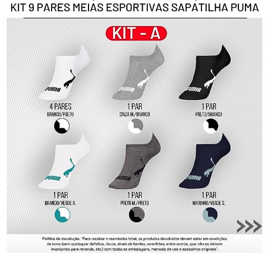Kit 09 Pares Meias Puma Sapatilha Invisível Esportiva Masculino Adulto