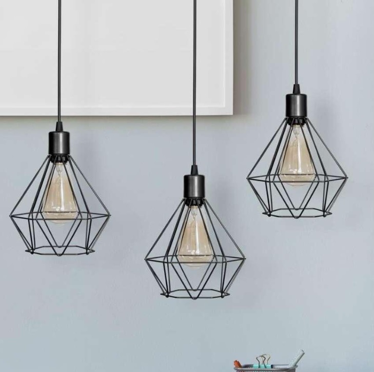 Kit 3 Lustre Pendente Diamante Preto Cabo preto