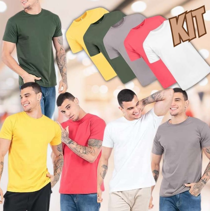 Kit 5 Camisetas Masculinas Básicas 100% Algodão Penteado