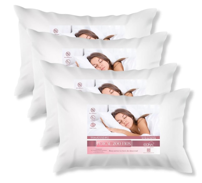 Kit com 4 Travesseiros Percal 200 Fios Fibra Siliconada Casa Dona