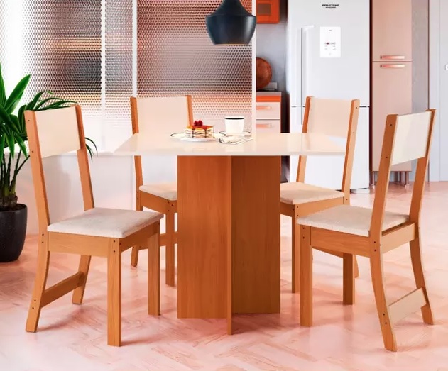 Mesa de Jantar 4 Cadeiras Retangular Tecido Linho Indekes Talita