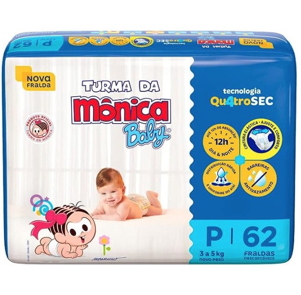 Turma da Monica Baby – Fralda, Azul, Tamanho P, 62 Unidades