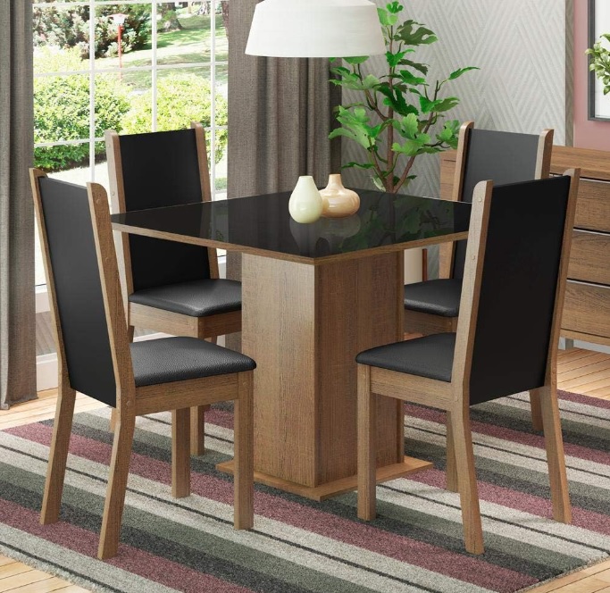 Conjunto Sala de Jantar Madesa Moscou Plus Mesa Tampo de Vidro com 4 Cadeiras – Rustic/Preto/Sintético Preto