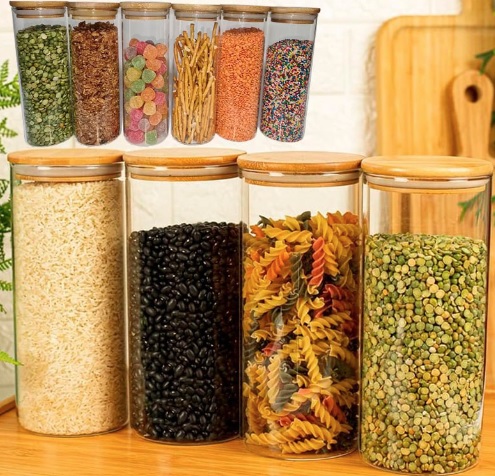 Kit com 6 Potes de Vidro para Mantimentos com Tampa de Bambu 450mL – Oikos