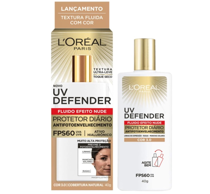 Protetor Solar Facial L’Oréal Paris UV Defender Fluido FPS 60 Cor Média 3.0, 40g