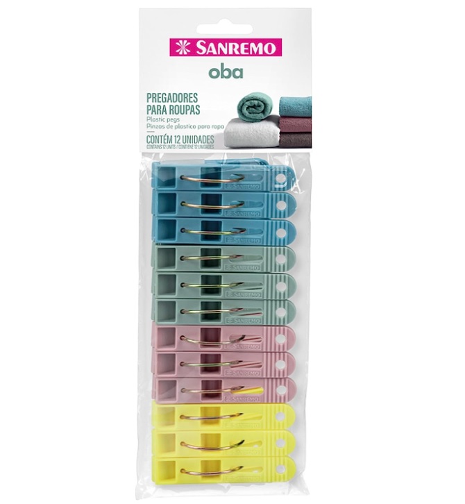 Sanremo Pregador de Roupas Plástico Livre de BPA,Rosa, Roxo, Azul e Amarelo, Pacote com 12 Unidades