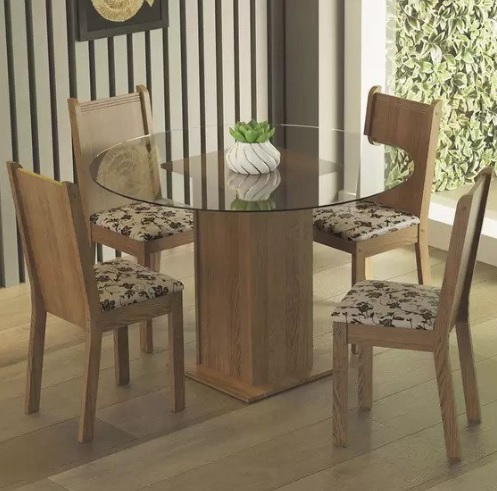 Conjunto Sala de Jantar Madesa Débora Mesa Tampo de Vidro Redondo 4 Cadeiras – Preto/Rustic