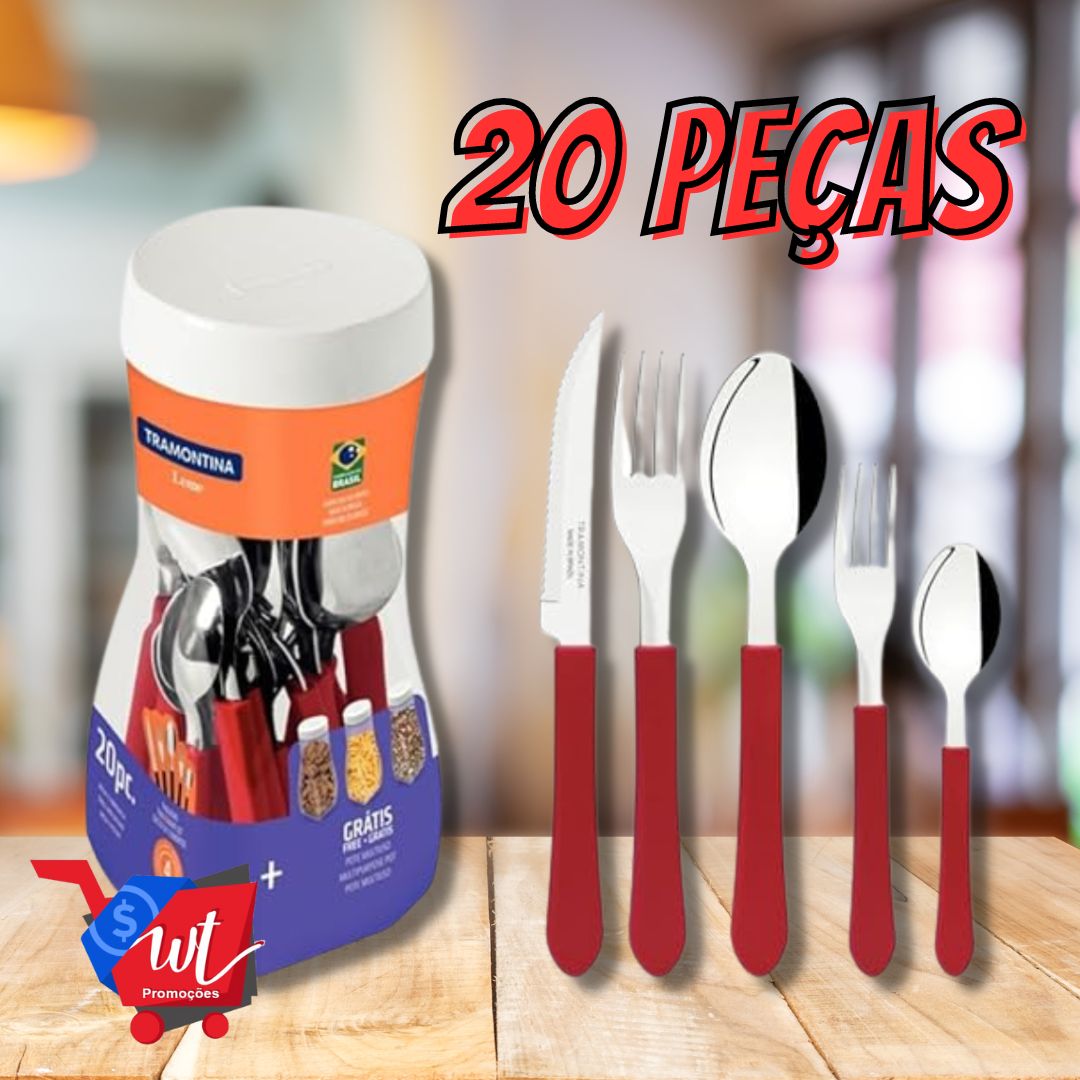 Faqueiro Tramontina Leme com Lâminas em Aço Inox e Cabos de Polipropileno Vermelho 20 Peças