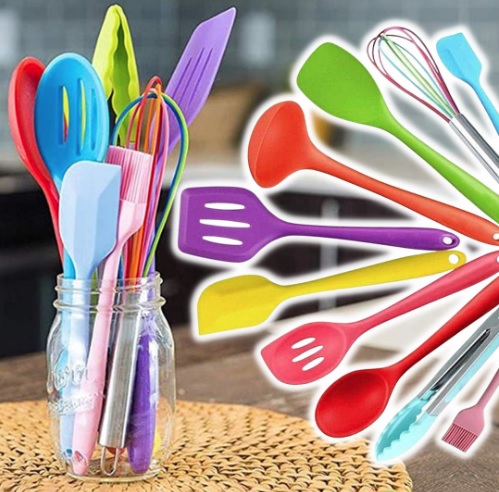 JG Kit 10 Peças Jogo De Utensílios De Silicone Maciço Cozinha Inox Pegador Espátula Colher Concha Pincel