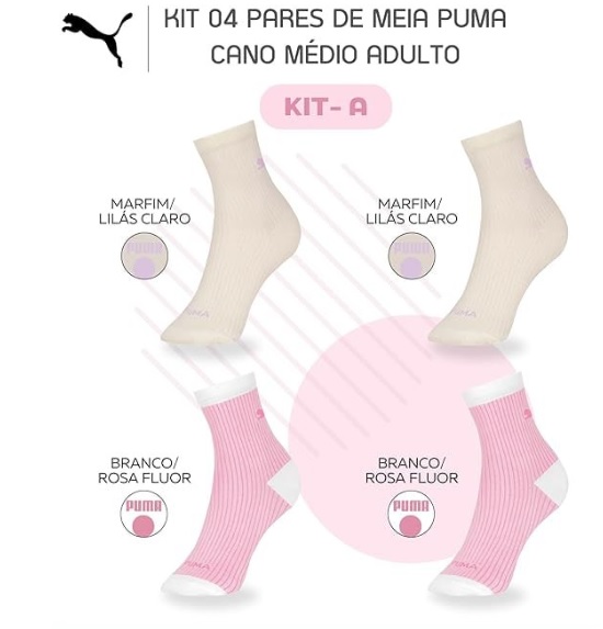 Kit 04 Pares de Meia Puma Cano Médio Esportiva Feminino Adulto