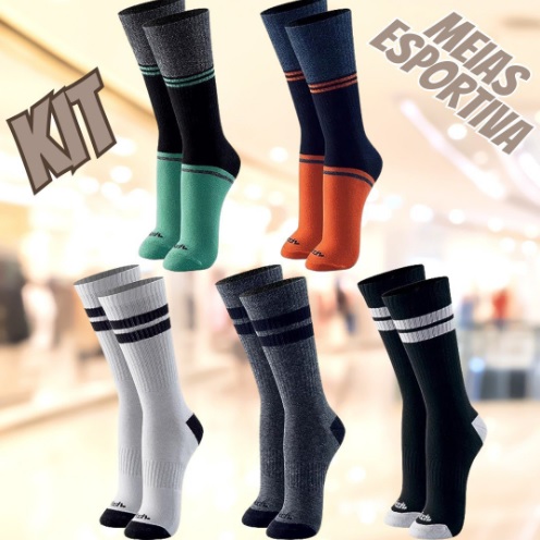 Kit 05 Pares Meias Cano Alto Mash Esportiva Masculina Adulto