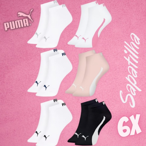 Kit 06 Pares de Meia Sapatilha Cano Curto Puma Feminina Adulto