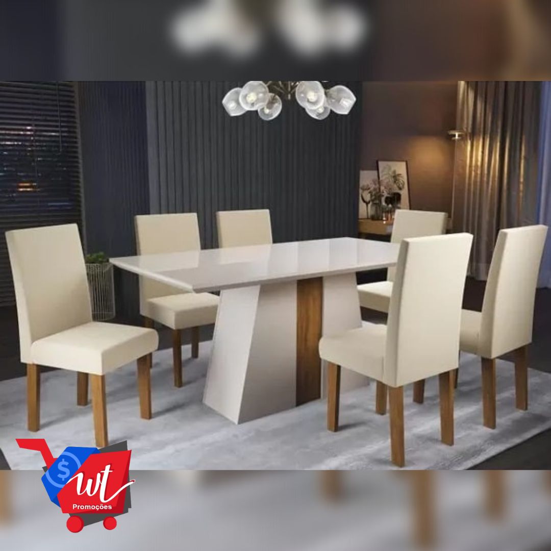 Mesa de Jantar 6 Cadeiras Retangular Off White Imbuia e Pastel Tampo de MDF com Vidro Viero Roma