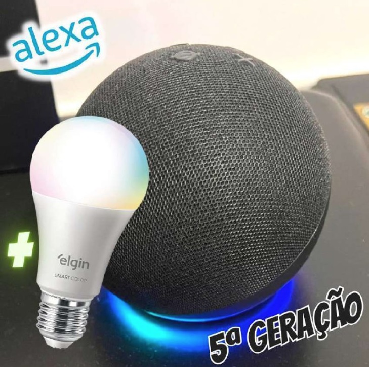 Echo Dot 5ª Geração | O Echo Dot Com O Melhor Som Já Lançado | Cor Preta + Lâmpada Elgin 10w