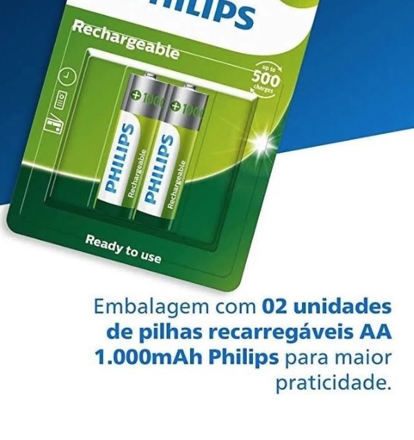 Pilha Philips recarregável AAA 1.2V 1.000mAh com 2 unidades R03B2RTU10/59
