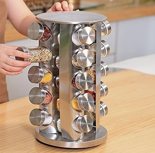 Porta Temperos Condimentos Inox 20 Potes Com base Giratória (Inox)
