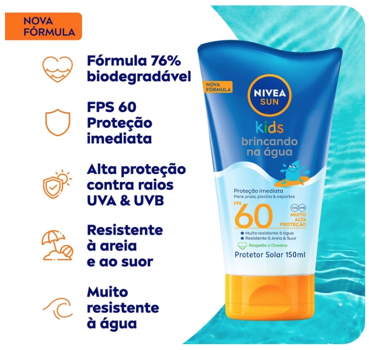 Protetor Solar NIVEA SUN Kids Swin & Play FPS60 150ml, Nivea