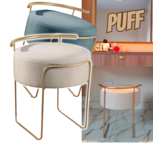 Puff Redondo Ivar em Linho e Base Metal Dourado Agarb Decor Cor:Linho Azul
