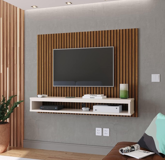 Rack Painel Para Tvs de Até 50 Polegadas Suspenso com Prateleira Cissa (Ripado Freijo/Off White)