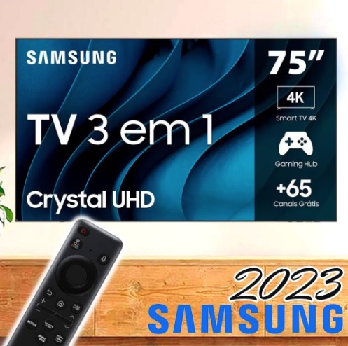 Smart TV 75″ Crystal 4K Samsung CU8000, Dynamic Crystal Color, Gaming Hub, Design AirSlim, Tela sem limites, Alexa built in, Controle Remoto Único