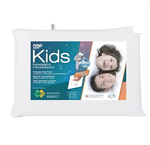 Travesseiro Nasa Kids Viscoelástico D28 – Antiácaro – Branco – capa 100% algodão – Nap