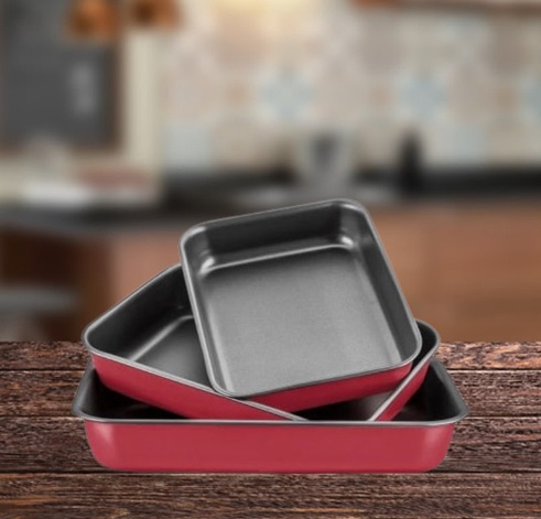 Conjunto Assadeiras Antiaderente Retangular Alta Com Aba 3 pçs Vermelha