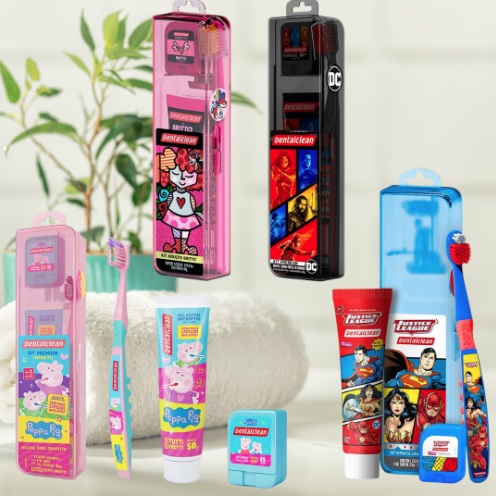 Creme Dental 50G + Escova de Dente Ultramacia + Fio Dental 25M + Estojo Para Viagem Personalizados com os Heróis da Liga da Justiça, Dentalclean