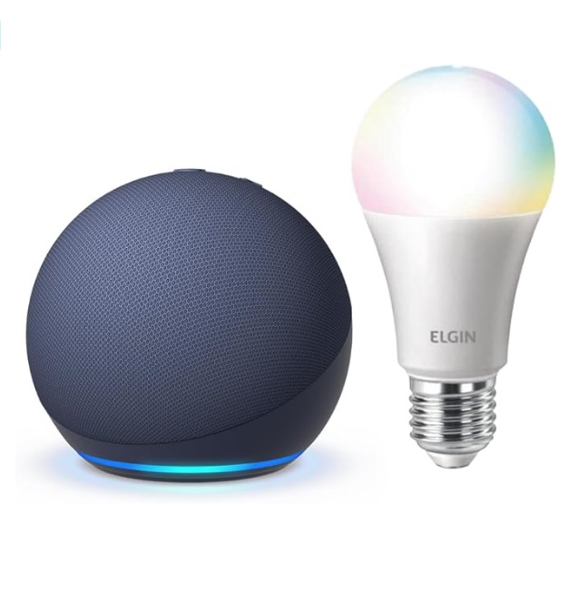 Echo Dot 5ª geração , O Echo Dot com o melhor som já lançado , Cor Azul + Lâmpada Elgin 10W