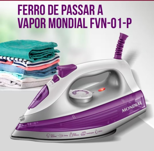 Ferro de Passar a Vapor Mondial FVN-01-P com Spray e Base Cerâmica Diamante – Branco/Roxo