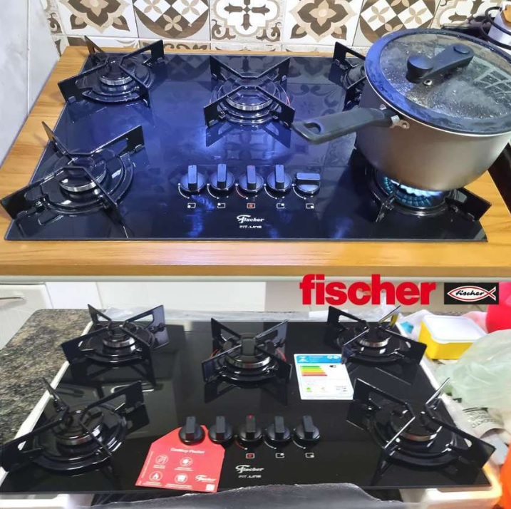 Fogão Cooktop Fischer 5Q FIT LINE Gás Mesa Vidro Preto BIVOLT